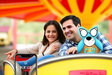 Family enjoying amusement park with smartphone app